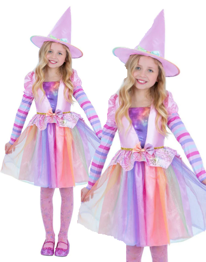 Girls Pastel Witch Costume Kids Halloween Witches Fancy Dress Outfit + Hat