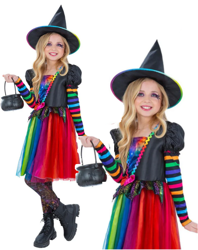 Girls Witch Costume Colourful Witches Halloween Fancy Dress Outfit Age 4-12