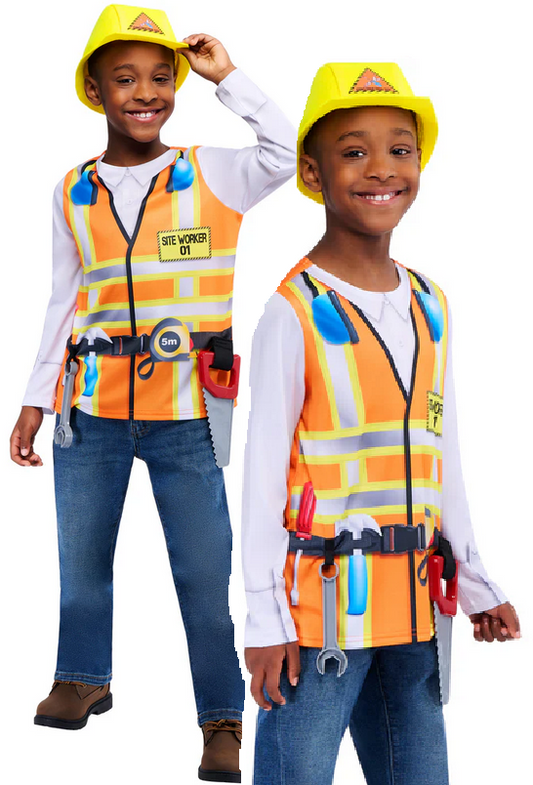Construction Worker Occupations Boys Fancy Dress Costume Kids + Tools Age 3-8