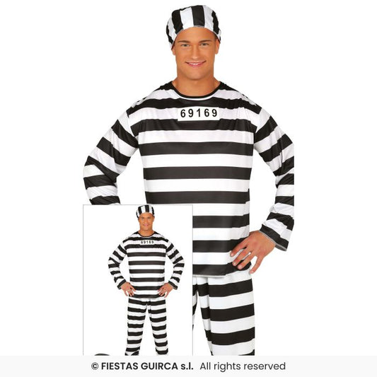 Black & White Striped Convict Overalls Mens Prisoner Fancy Dress Costume M-XL