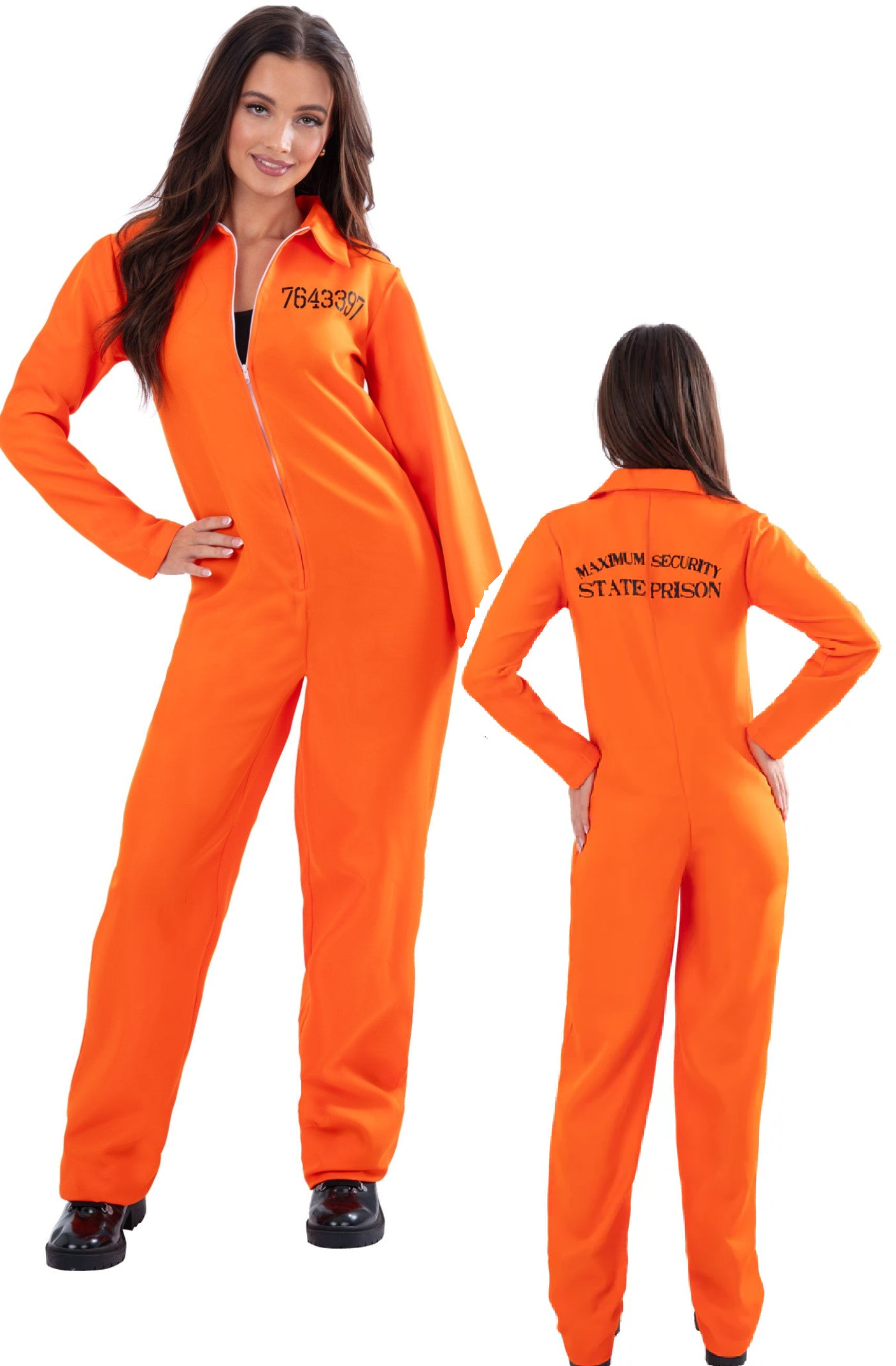 Escaped Prisoner Ladies Orange Convict Boiler Jumpsuit Halloween Fancy Dress