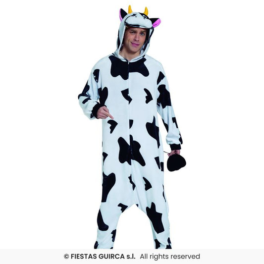 Mens Cow Costume Adults Farm Animal Fancy Dress Outfit Hooded Jumpsuit