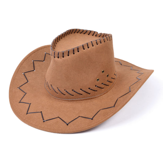 Cowboy Hat Leather Stitched Brown Adults Wild West & Indians Fancy Dress
