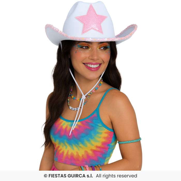 Cowboy Hat With Star White & Pink Last Rodeo Ladies Fancy Dress Wild West
