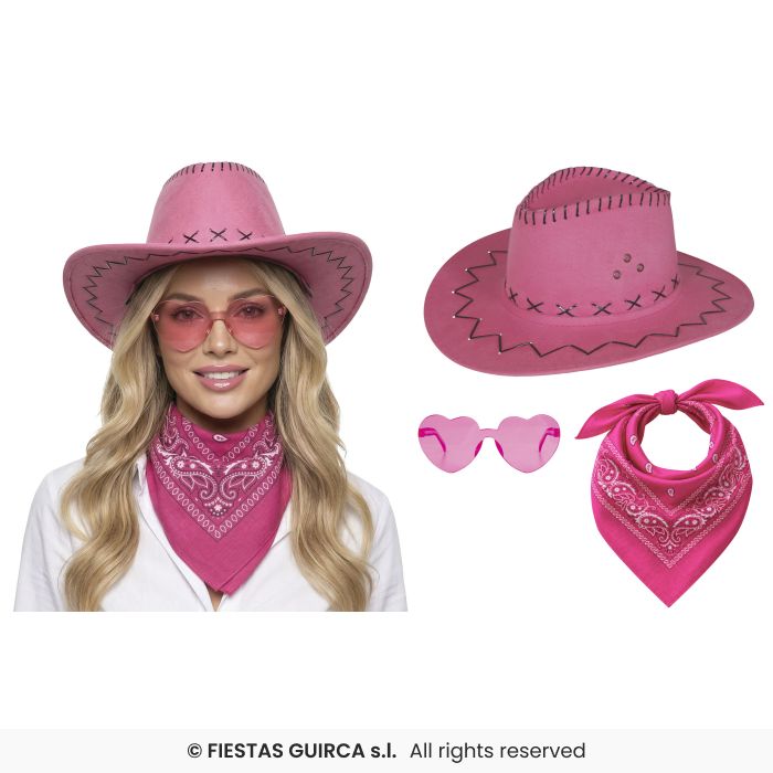 3 Piece Pink Cowboy Set Ladies Cowgirl Rodeo Hen Night Fancy Dress Set