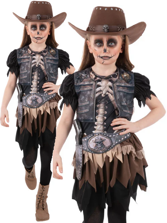 Skeleton Cowgirl Costume Girls Halloween Wild West Western Fancy Dress Outfit