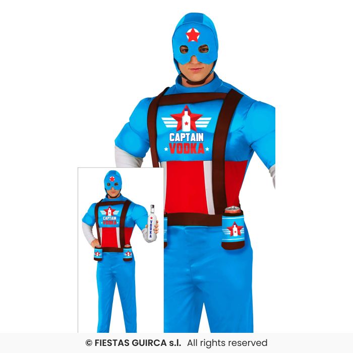Captain Vodka Superhero Mens Padded Jumpsuit Stag Fancy Dress Outfit