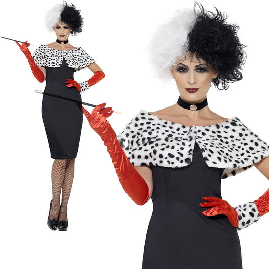 Cruella Costume Evil Madame Ladies Womens Day Dalmation Print Fancy Dress New