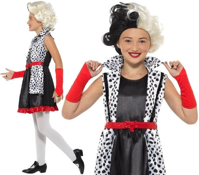 Evil Little Madame Dalmations Costumes Cruel Lady Halloween Fancy Dress Age 4-12