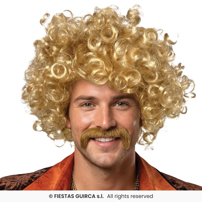 Mens Curly Blonde With With Mustache Mens Retro 70s Disco Wig & Tash