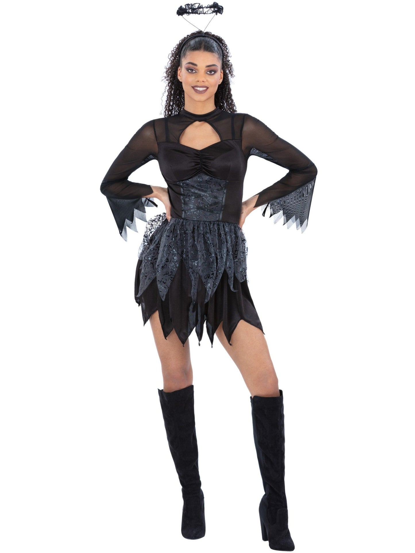 Fallen Dark Angel Costume Ladies Fairy Halloween Fancy Dress Outfit UK 4-22
