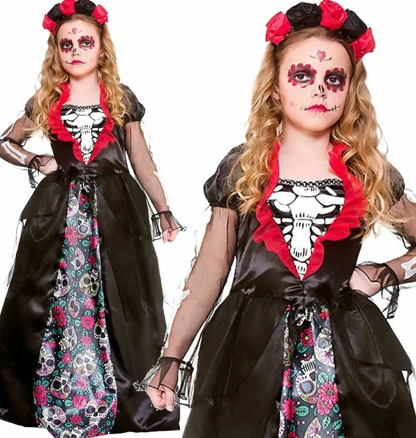Deluxe Day of the Dead Girls Halloween Fancy Dress Costume Skull New