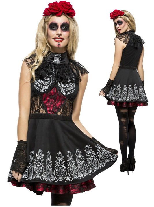 Day of the Dead Costume Sugar Skull Skeleton Womens Halloween Fancy Dress New