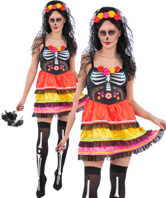 Day of the Dead Fiesta Costume Ladies Halloween Fancy Dress Outfit UK 8-22