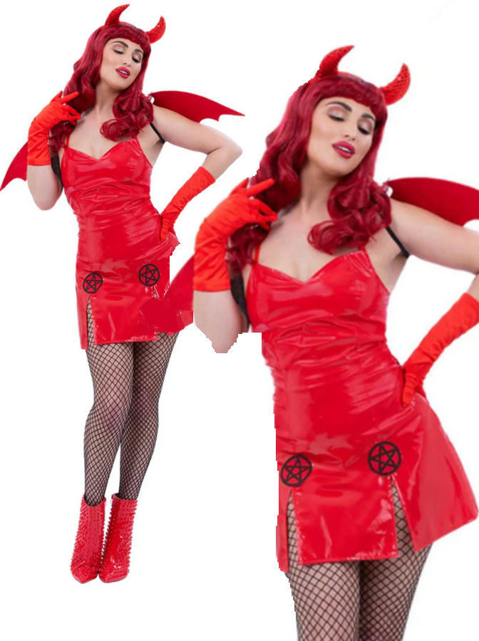 Ladies Devil Costume Sexy Devil Halloween Fancy Dress Outfit + Wings Adults