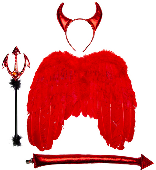 4pc Devil Set Adults Red Feather Devil Wings Halloween Fancy Dress Deluxe