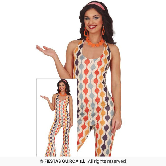 Multi Coloured Jumpsuit Ladies 70s Disco Diva Fancy Dress Costume Adults UK 8-18