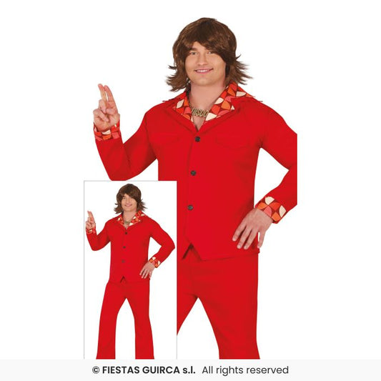 Red Disco Suit Adults 1970s Fancy Dress Costume Retro 70s Outfit M-XL