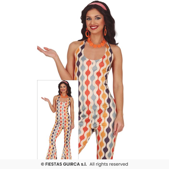Multi Coloured Jumpsuit Ladies 70s Disco Diva Fancy Dress Costume Adults UK 8-18