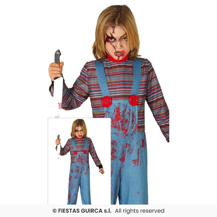 Possessed Doll Denim Dungarees Kids Halloween Fancy Dress Costume Age 3-12