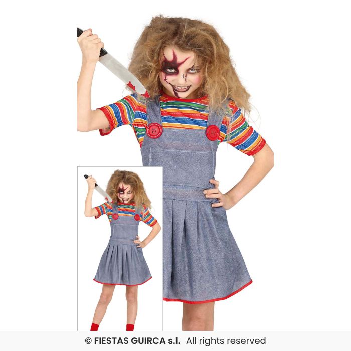 Possessed Doll Denim Dress Kids Halloween Fancy Dress Costume Age 3-12