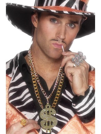 Gold Pimp Dollar Sign Medallion Chain Mens Adults Fancy Dress Accessory