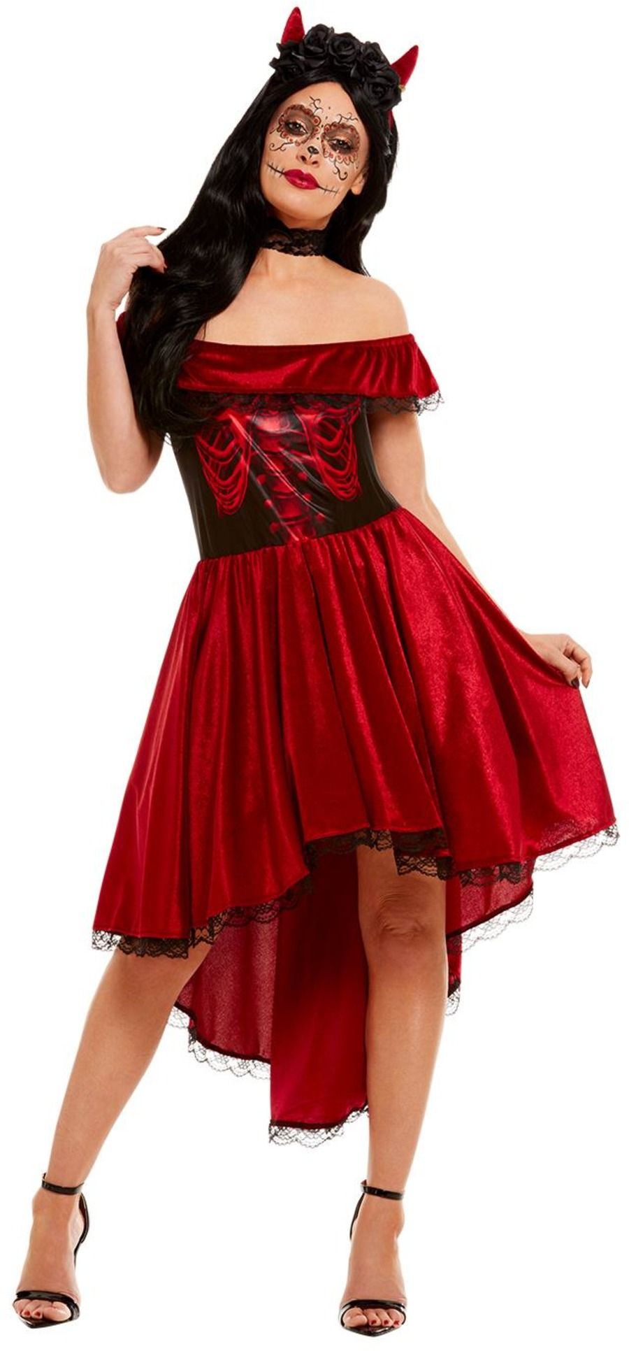 Adults Devil Costume Ladies Deluxe Halloween Day Of The Dead Fancy Dress Outfit