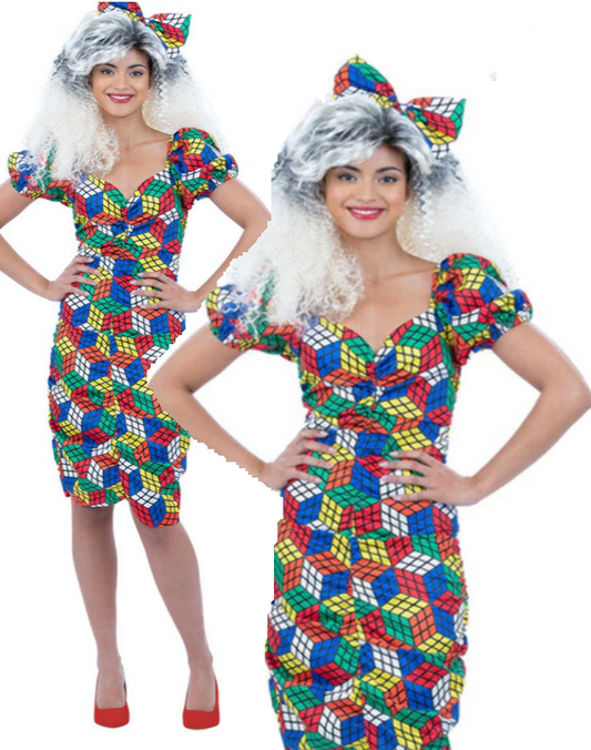 80s Rubiks Cube Dress Ladies 1980s Retro Games Fancy Dress Outfit UK 8-18