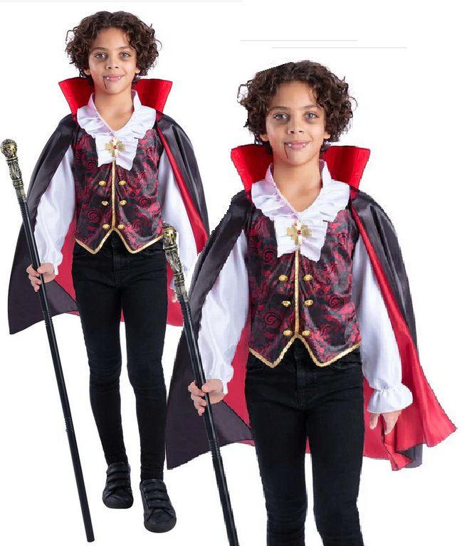 Boys Vampire Costume Halloween Dracula Kids Fancy Dress Outfit + Cane Age 4-12