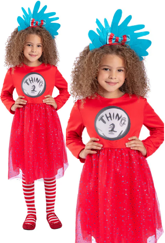 Dr Seuss Cat In The Hat Thing Costume Girls Official Fancy Dress Outfit Age 4-12