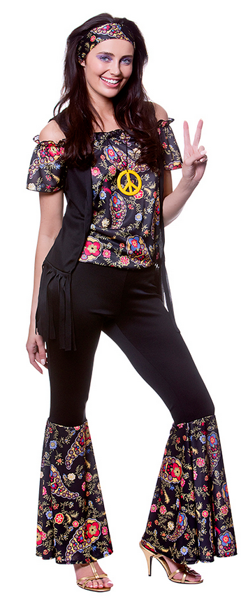 Ladies Hippie Costume 1960's Groovy Disco Flower Power Fancy Dress Costume