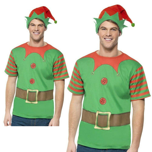 Elf Christmas T Shirt Fancy Dress Costume Xmas Party Adults Top Elves + Hat