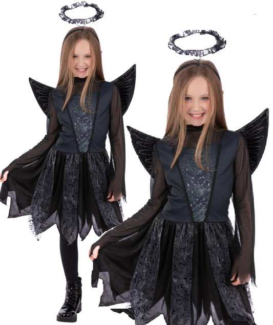Girls Dark Angel Costume Halloween Girls Fairytale Fancy Dress Outfit + Wings