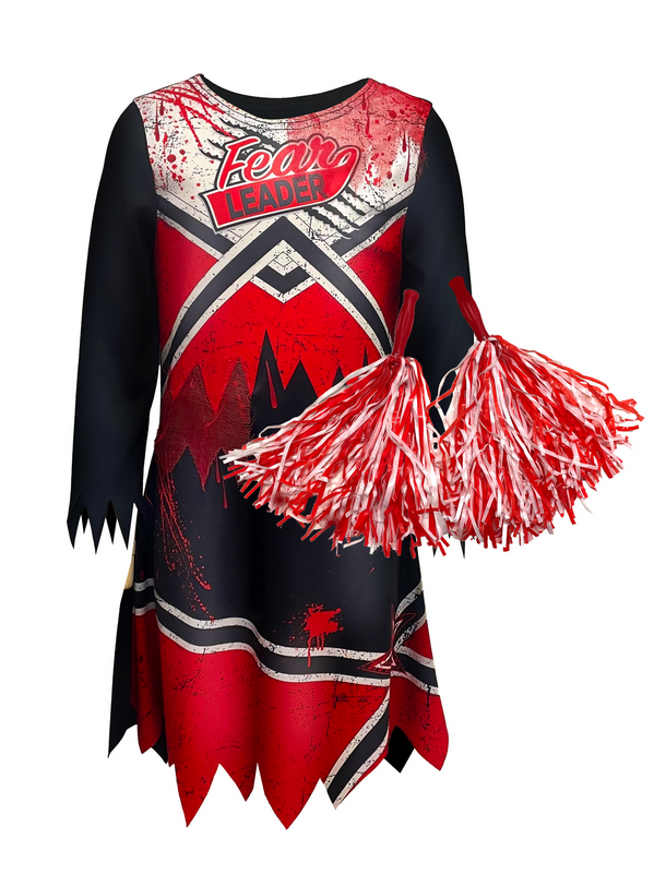Zombie Cheerleader Kids Halloween Fancy Dress Costume + Pom Poms