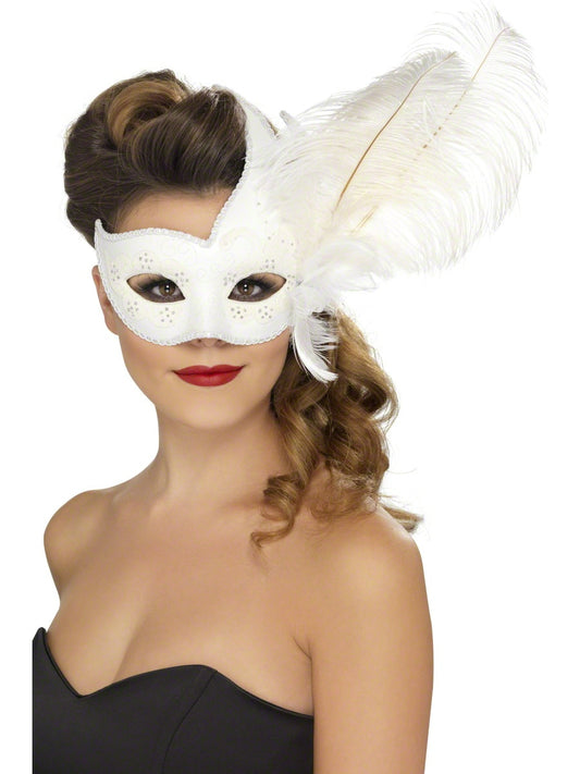 Orate Eyemask White Columbian Mask + Feather Ladies Opera Fancy Dress