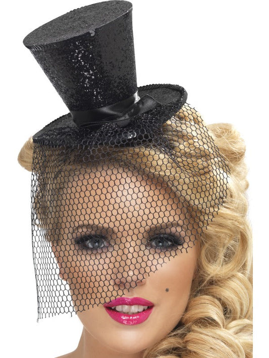 Mini Glitter Top Hat With Veil Ladies Circus Burlesque Ringmaster Fancy Dress Black