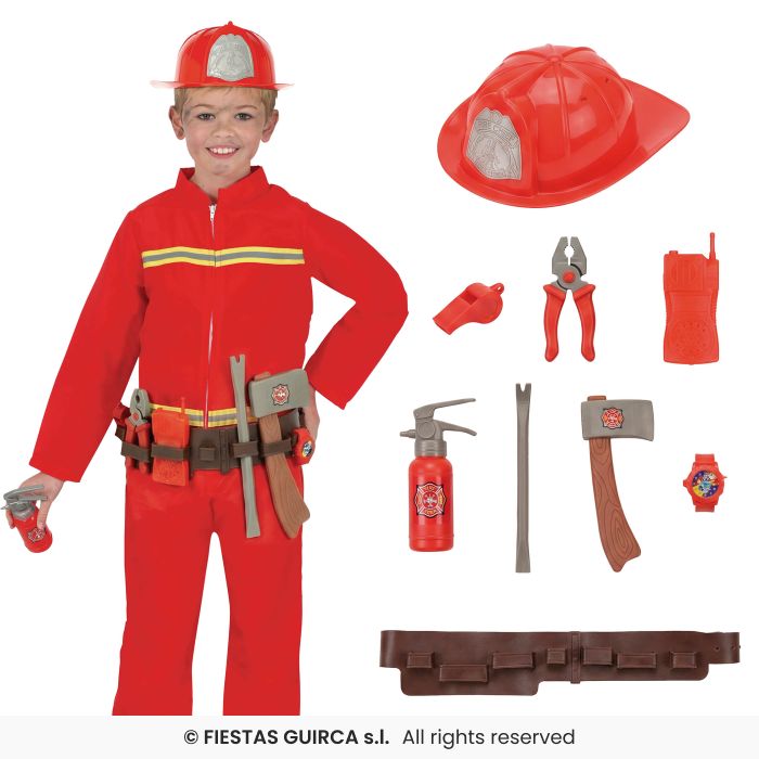 Fireman Costume Firefighter Boys Occupations Fancy Dress Outfit + TOOLS Age 5-12