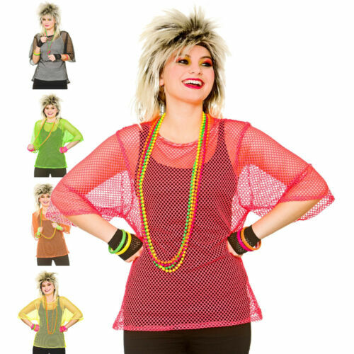 Neon 80s Mesh Top Fishnet T-Shirt Fancy Dress Costume Punk Rocker Accessory