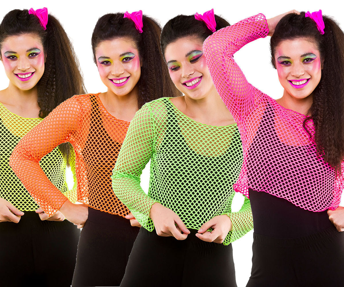 Fishnet Long Sleeve Top 1980s Fancy Dress Neon Accessory 80s Outfit Accessory