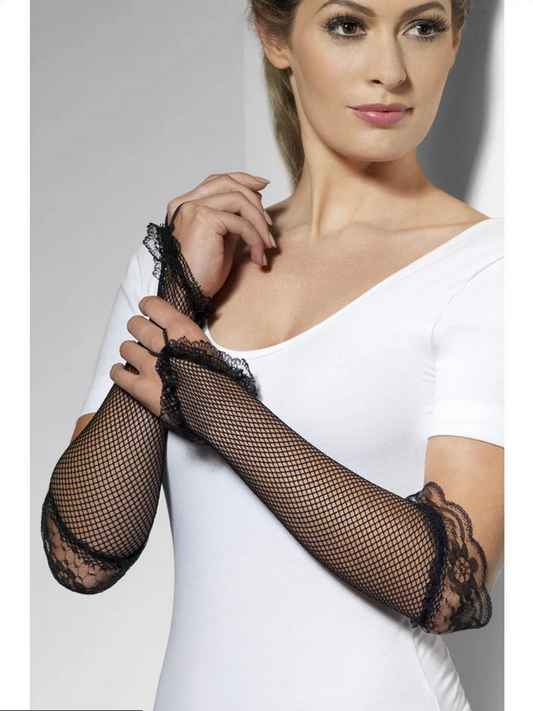 Burlesque Punk Fingerless Fishnet Gloves Black Adult Womens Fancy Dress Accessory