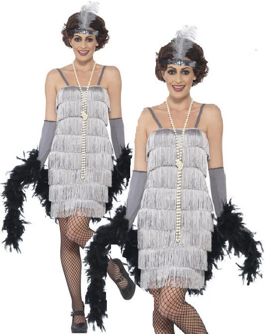 Ladies Silver Flapper 1920s Fancy Dress Costume 20s Gatsby Outfit Sizes S-XXL