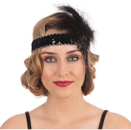 Flapper Headband Black Sequin Deluxe 1920s Dancing Fancy Dress Accessory