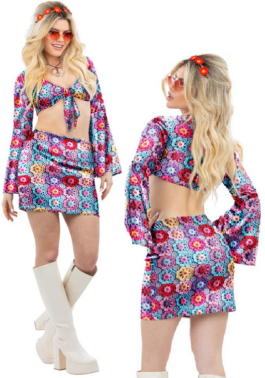 60s Hippie Costume Ladies Crochet Hippy Fancy Dress Retro Groovy 70s