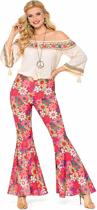 Ladies Womens 60s 70s Hippy Flower Power Bell Bottom Flares Trousers Fancy Dress