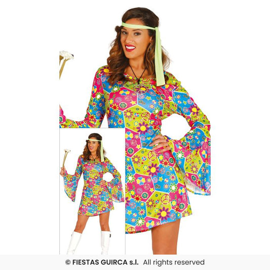 60s Flower Power Dress 70s Flower Power Hippy Retro Ladies Fancy Dress Costume UK 8-18