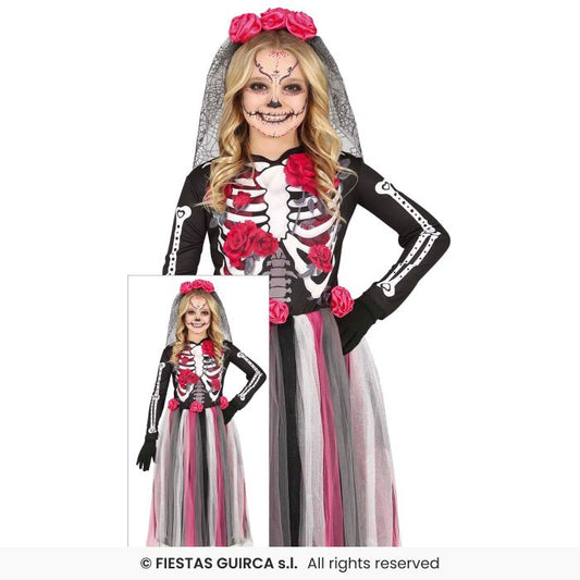 Catrina Flower Skeleton Girls Day Of The Dead Halloween Fancy Dress Costume Age 3-12
