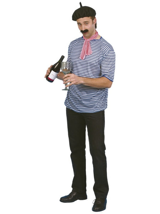 Adult French Waiter Onion Seller Beret Top Necktie Moustache Fancy Dress Outfit