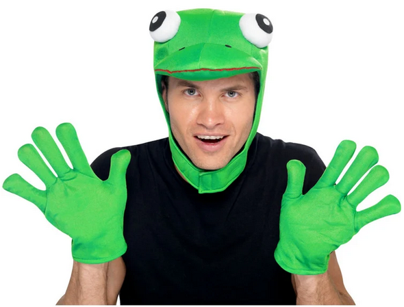 Green Frog Hood + Gloves Kit Carnival Comedy Fancy Dress Animal Novelty