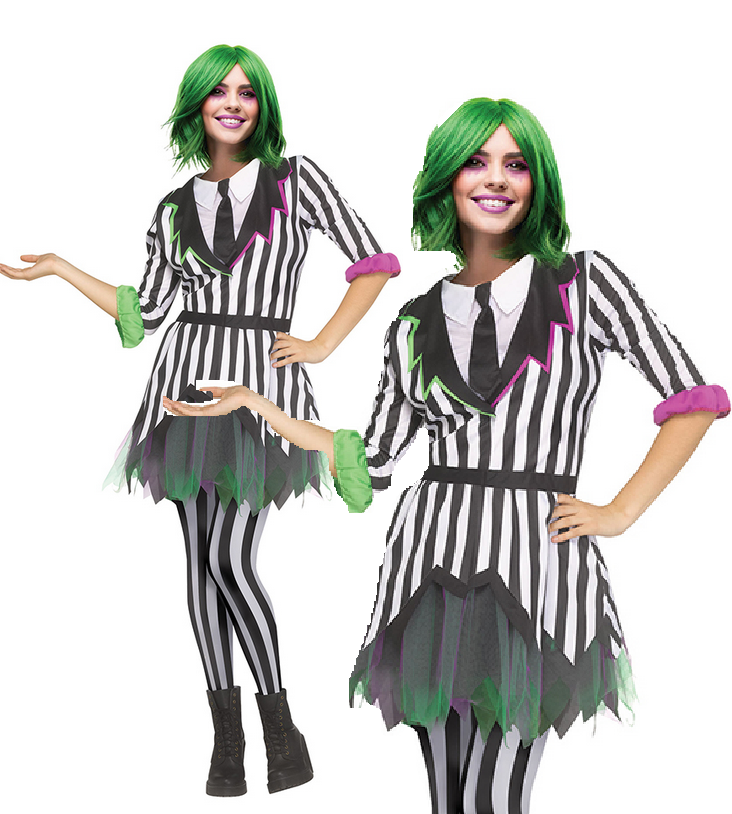 Ghostly Gal Costume Scream Funworld Ladies Pin Striped Suit Halloween Fancy Dress