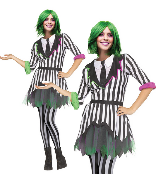 Ghostly Gal Costume Scream Funworld Ladies Pin Striped Suit Halloween Fancy Dress